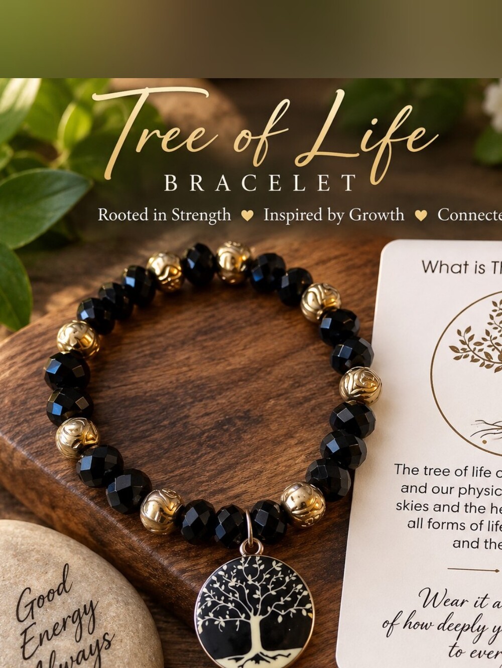 Tree of Life Black and Gold Beaded Bracelet - Elegant Women’s Jewelry